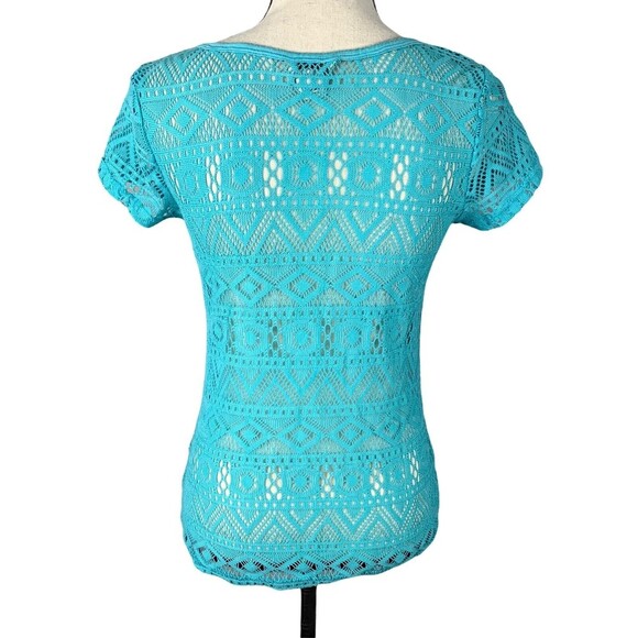 Ariat Gauze Knit Top Women S Turquoise 1/2 Button Lace Short Sleeves & Back - Picture 7 of 9